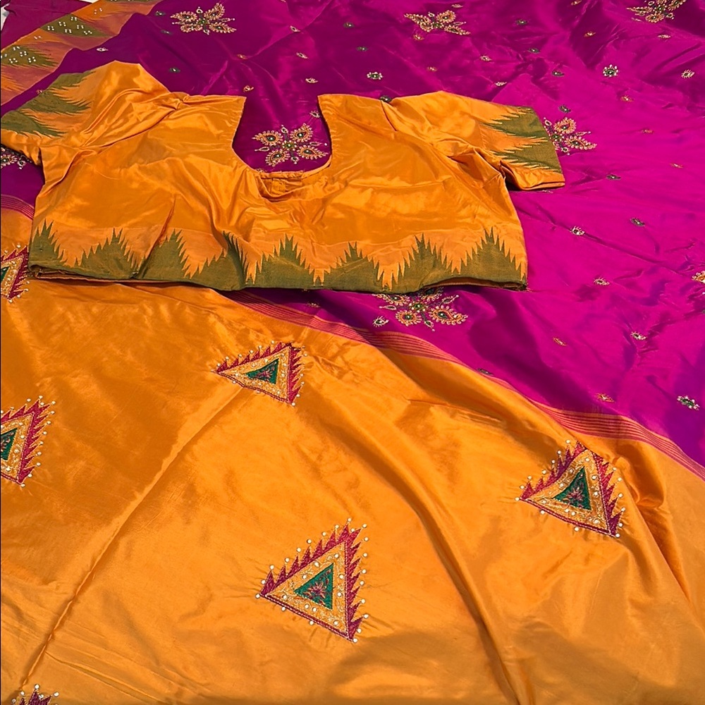 Vibrant Orange and Purple Embroidered Saree